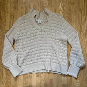 Rachel Zoe | Cream Knit V-Neck Pullover Long Sleeve Sweater with Banded Cuffs